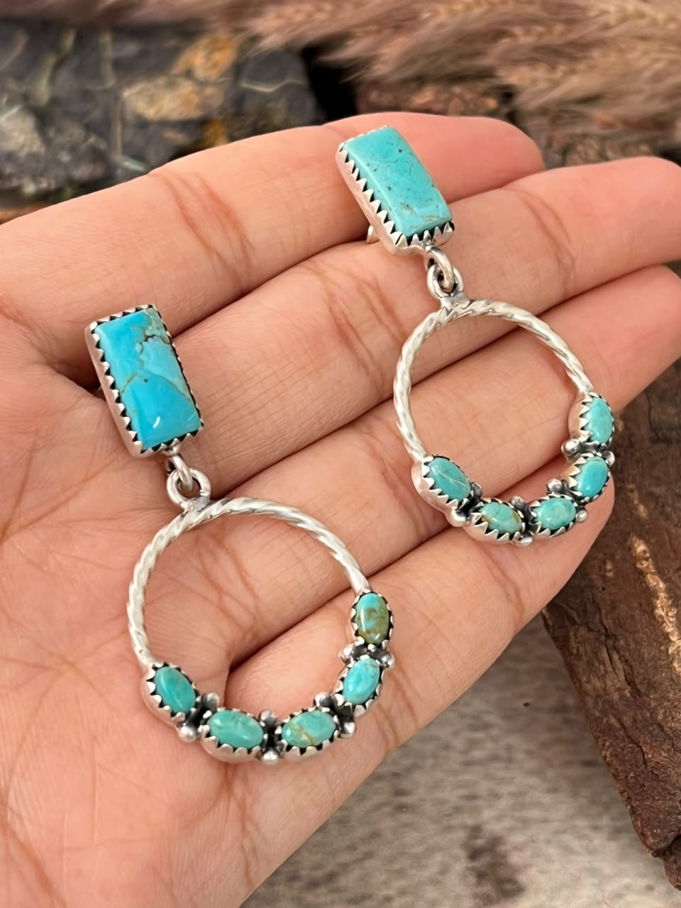 Handmade Sterling Silver Kingman Turquoise Post Dangle Earrings Signed Nizhoni