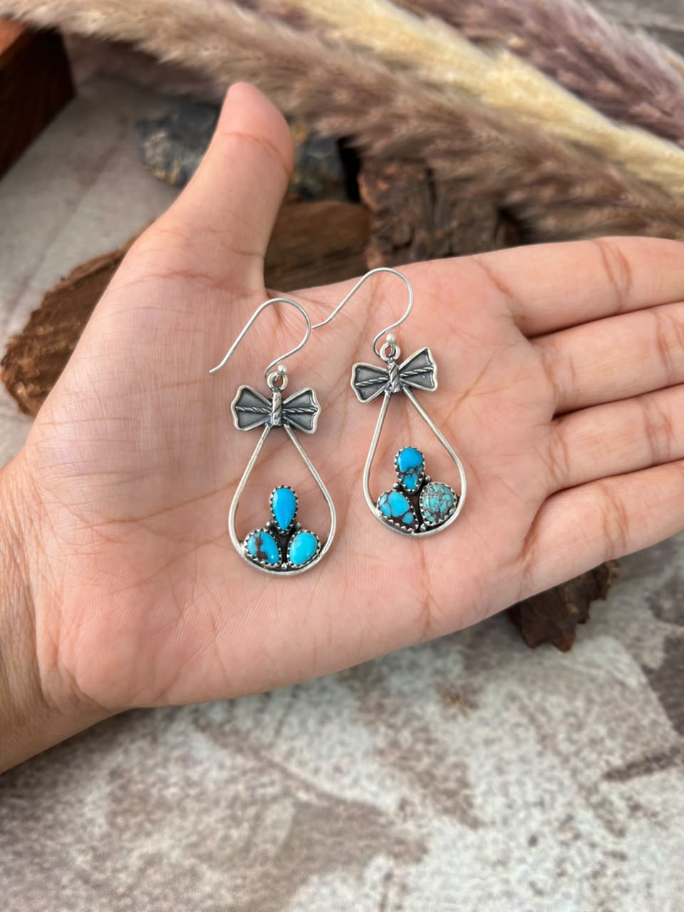 Handmade Sterling Silver Egyptian Turquoise Hook Dangle Earrings Signed Nizhoni