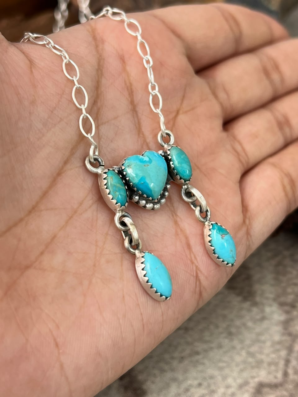 Handmade Sterling Silver Kingman Turquoise Heart Necklace Signed Nizhoni