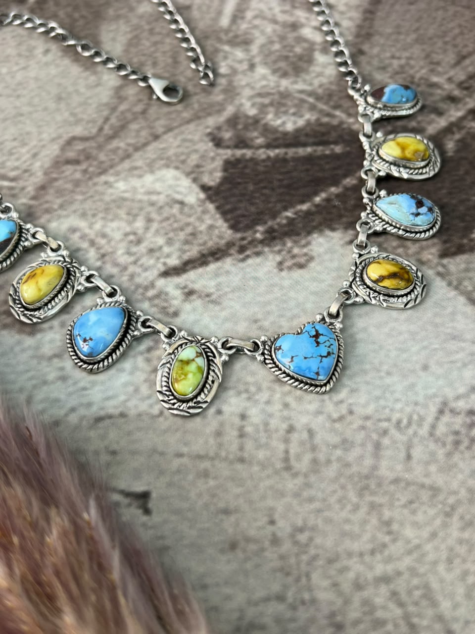 Handmade Sterling Silver Palomino with Golden Hills Turquoise Necklace Signed Nizhoni