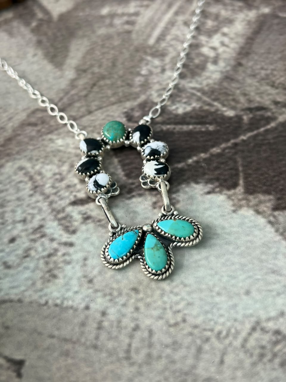 Handmade Sterling Silver Kingman Turquoise and White Buffalo Necklace Signed Nizhoni
