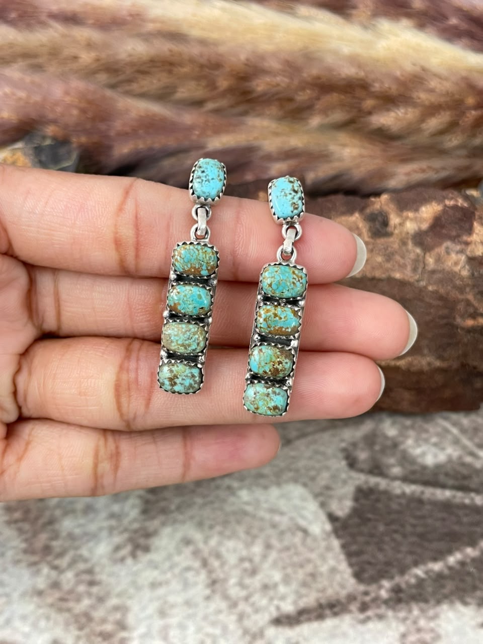 Handmade Sterling Silver Number 8 Turquoise Collection: Post Dangle Earrings Signed Nizhoni
