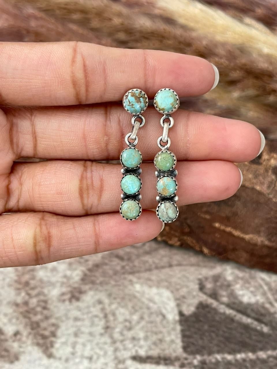 Handmade Sterling Silver Number 8 Turquoise Collection: Post Dangle Earrings Signed Nizhoni