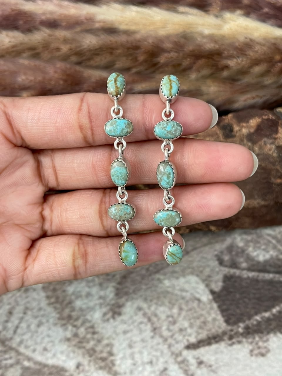 Handmade Sterling Silver Number 8 Turquoise Collection: Post Dangle Earrings Signed Nizhoni