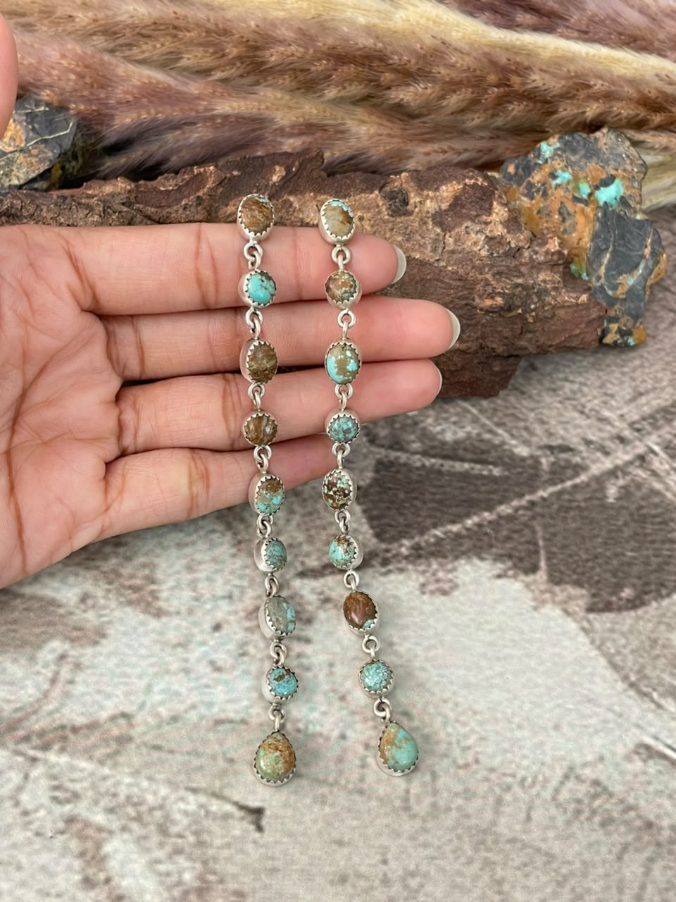 Handmade Sterling Silver Number 8 Turquoise Collection: Post Dangle Earrings Signed Nizhoni