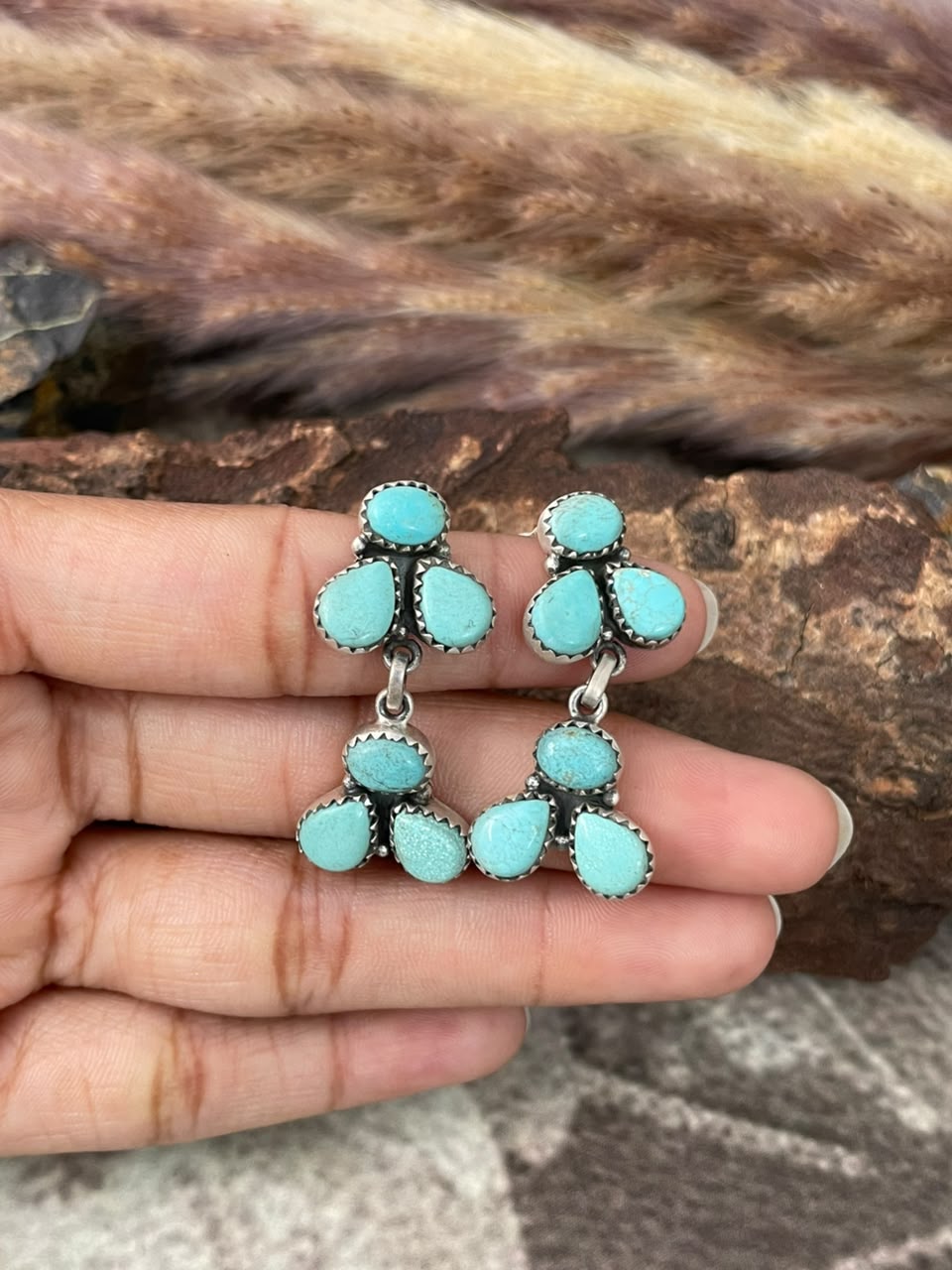 Handmade Sterling Silver Number 8 Turquoise Collection: Post Dangle Earrings Signed Nizhoni