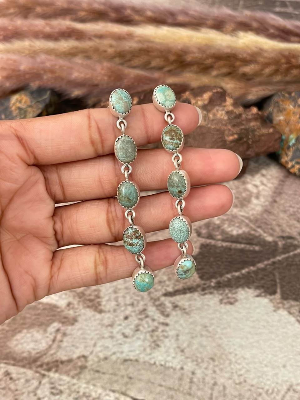 Handmade Sterling Silver Number 8 Turquoise Collection: Post Dangle Earrings Signed Nizhoni