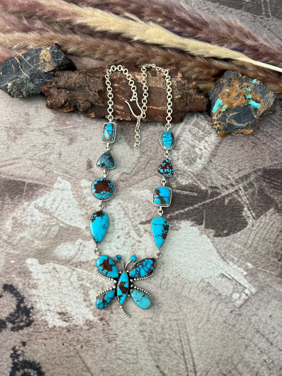 Handmade Sterling Silver Egyptian Turquoise Butterfly Necklace Signed Nizhoni