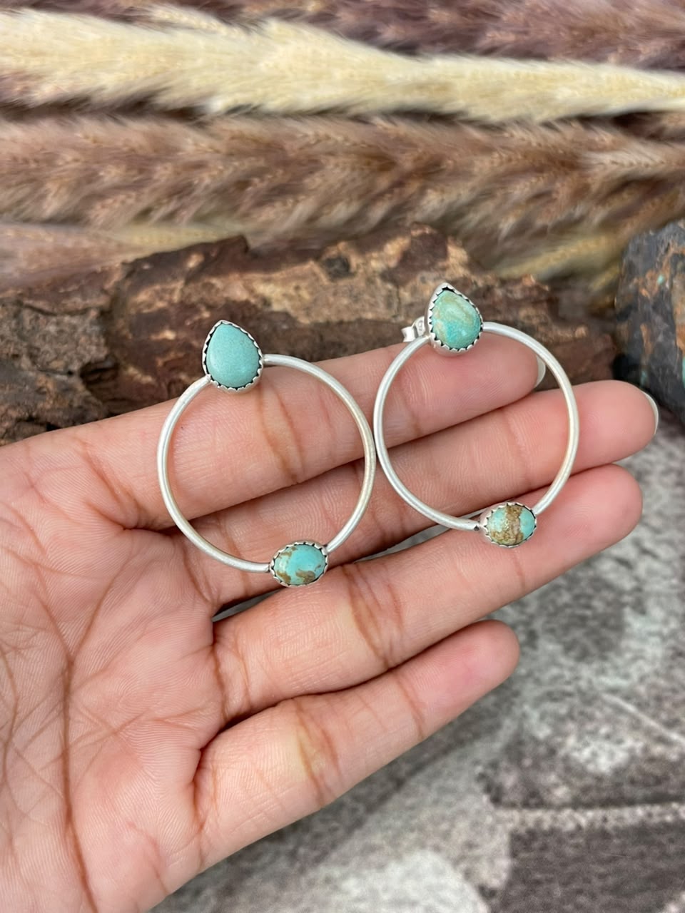 Handmade Sterling Silver Number 8 Turquoise Collection: Post Hoops Earrings Signed Nizhoni