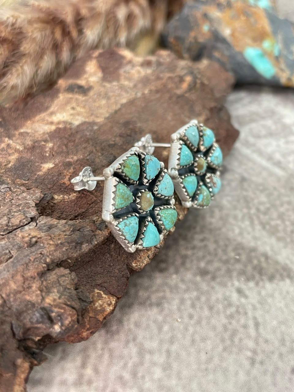 Handmade Sterling Silver Number 8 Turquoise Collection: Post Studs Earrings Signed Nizhoni
