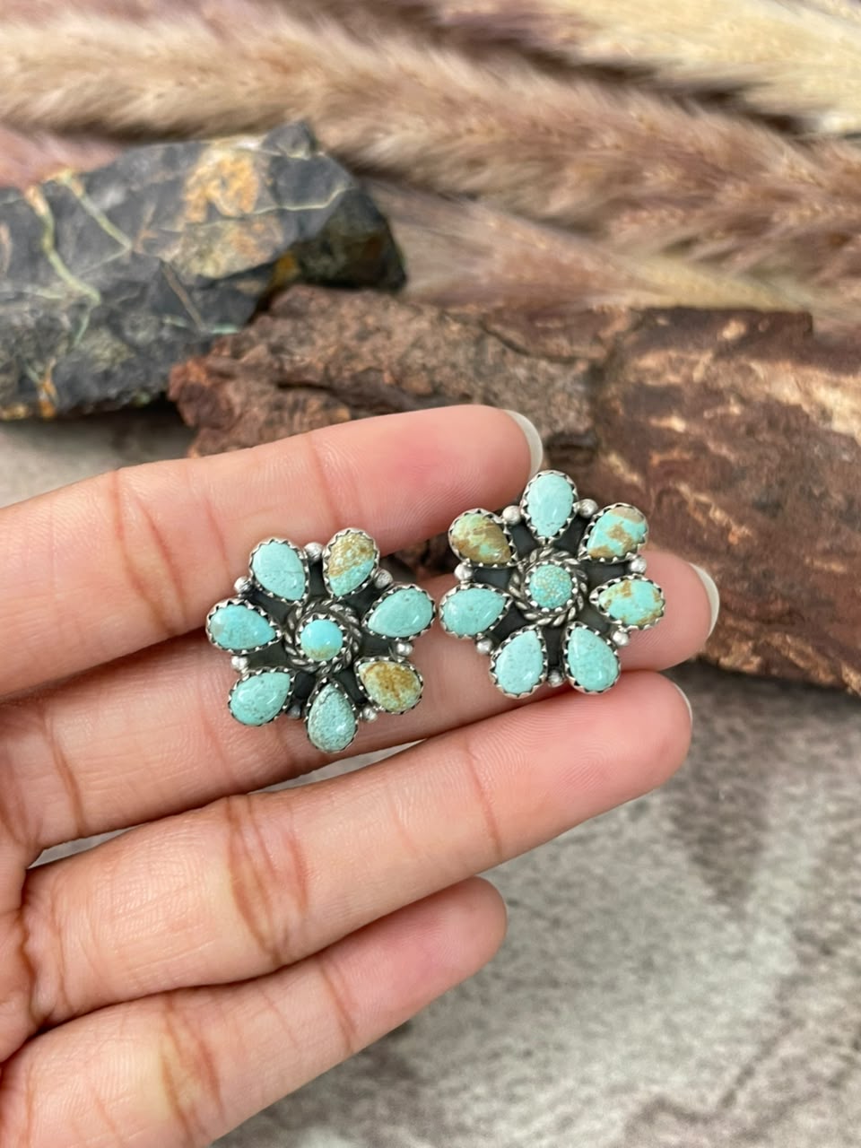 Handmade Sterling Silver Number 8 Turquoise Collection: Post Studs Earrings Signed Nizhoni