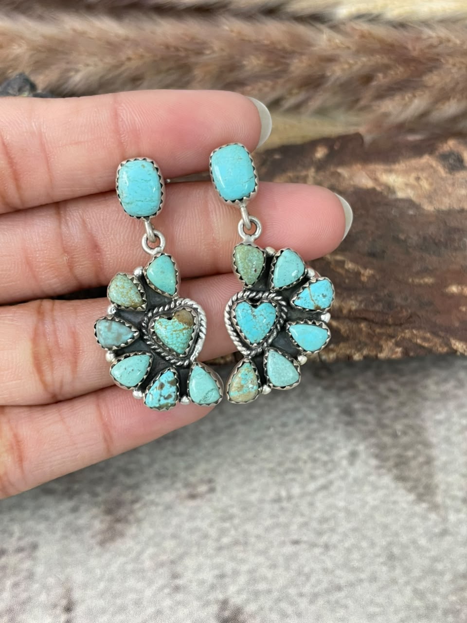 Handmade Sterling Silver Number 8 Turquoise Collection: Post Dangle Earrings Signed Nizhoni