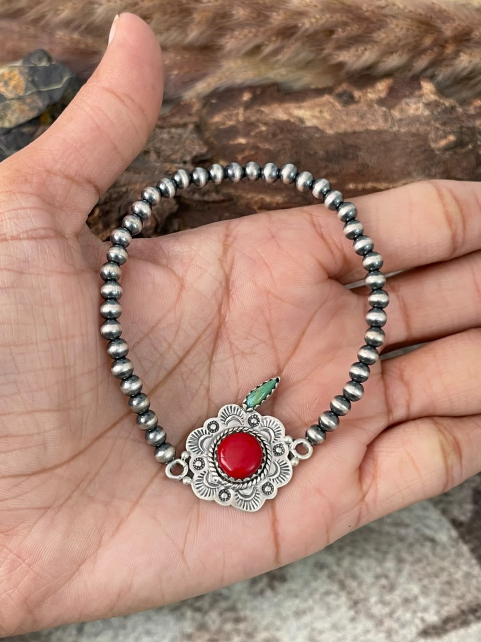 Handmade Sterling Silver Rosarita with Kingman Turquoise Cherry Stretchy Beaded Bracelet Signed Nizhoni