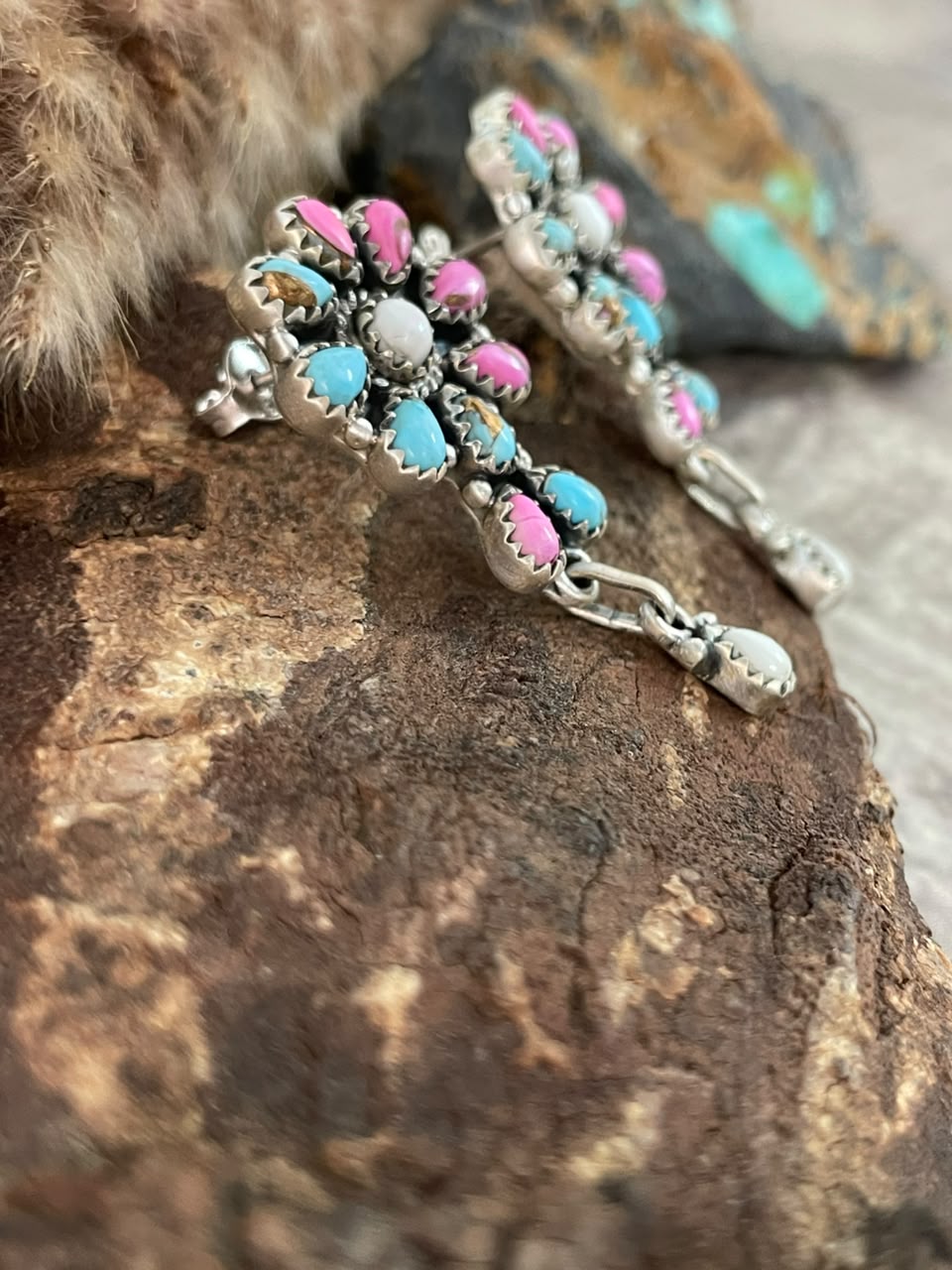 Handmade Sterling Silver Cotton Candy Post Dangle Earrings Signed Nizhoni