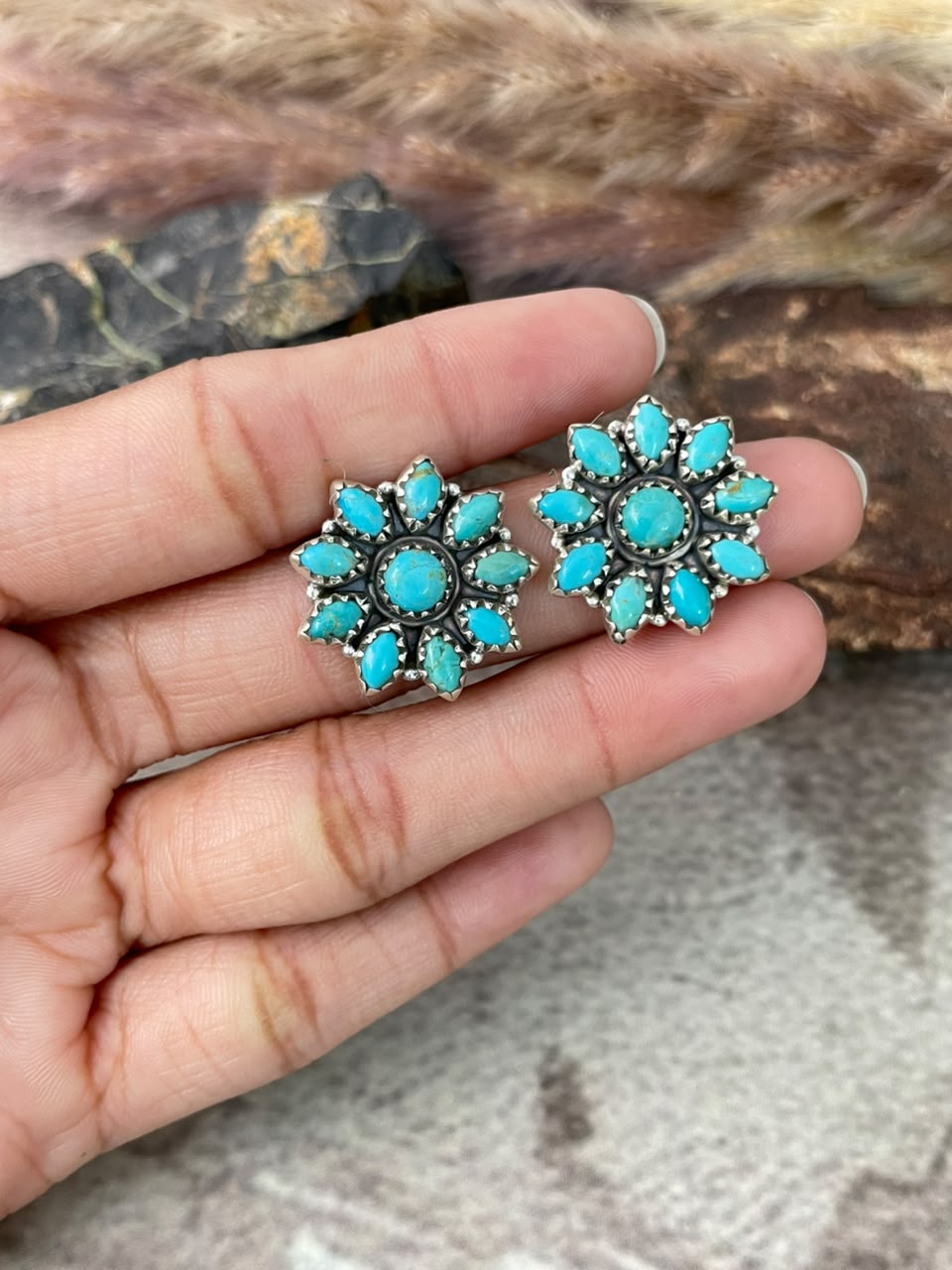 Handmade Sterling Silver Kingman Turquoise Post Studs Earrings Signed Nizhoni