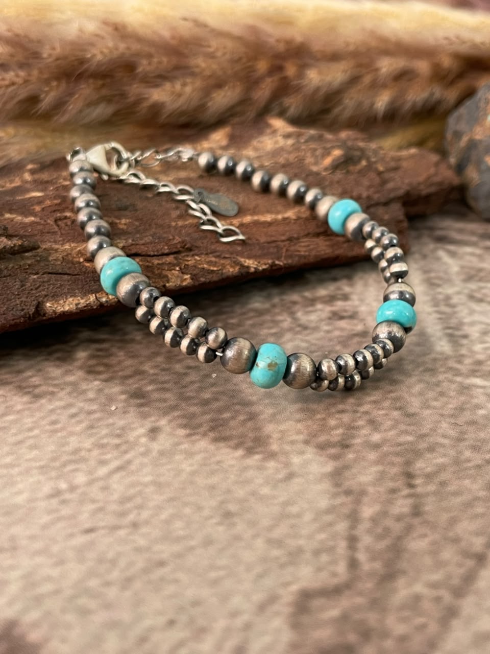 Handmade Sterling Silver Kingman Turquoise Beaded Chain Bracelet Signed Nizhoni