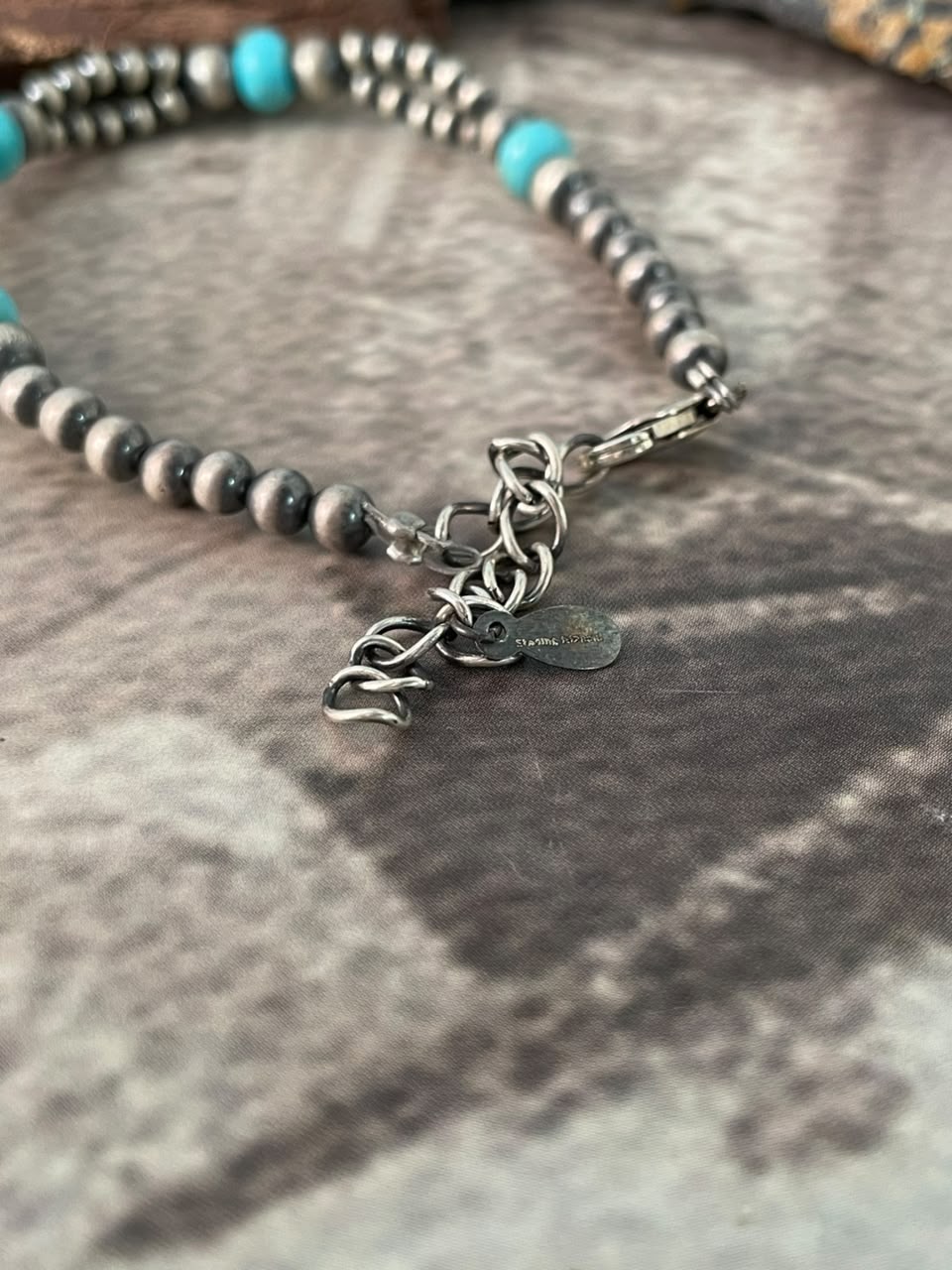 Handmade Sterling Silver Kingman Turquoise Beaded Chain Bracelet Signed Nizhoni