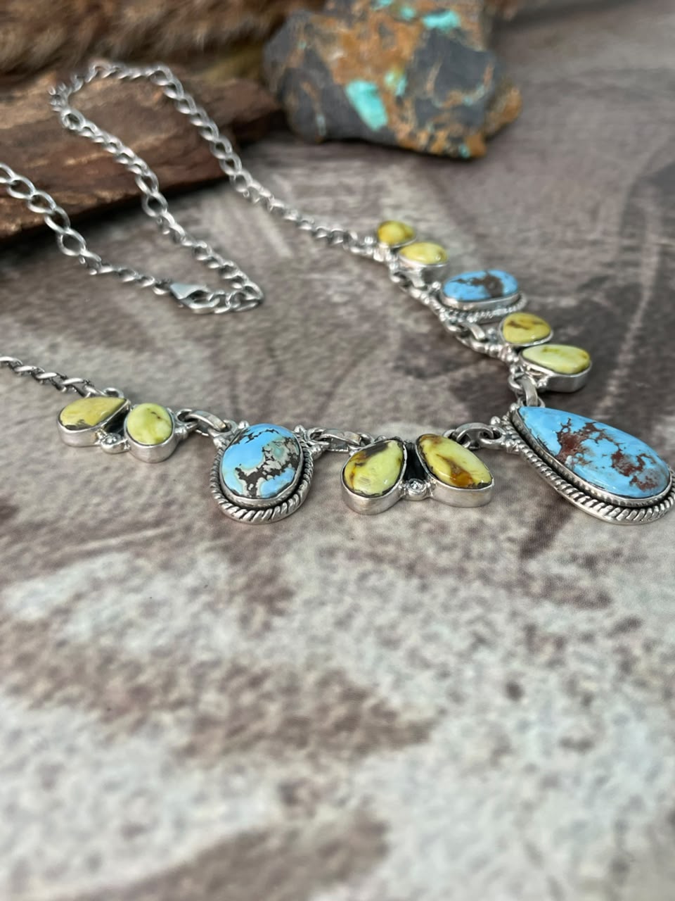 Handmade Sterling Silver Palomino with Golden Hills Turquoise Necklace Signed Nizhoni