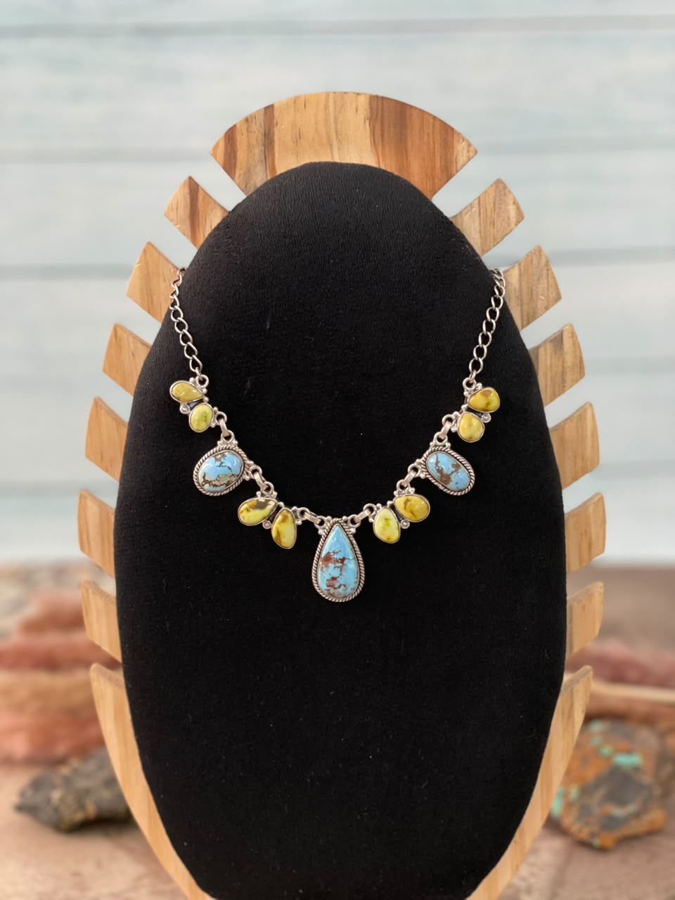 Handmade Sterling Silver Palomino with Golden Hills Turquoise Necklace Signed Nizhoni