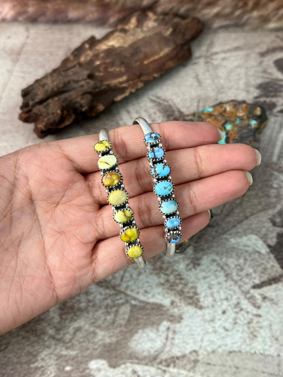 Handmade Sterling Silver Palomino and Golden Hills Turquoise Cuff Bracelet Signed Nizhoni