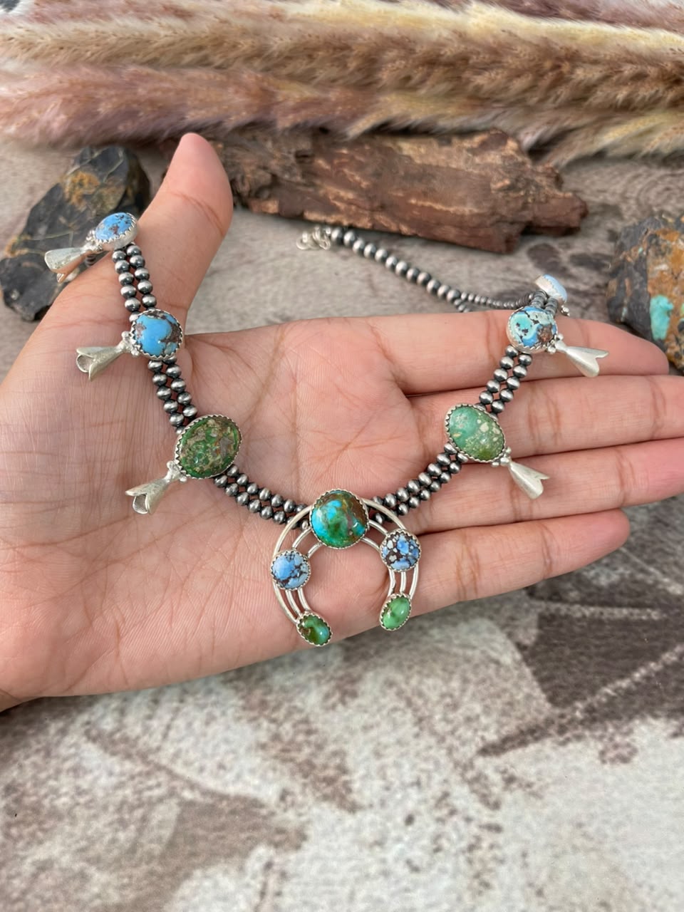 Handmade Sterling Silver Golden Hills with Sonoran Mountain Turquoise Beaded Squash Blossom Naja Necklace Signed Nizhoni