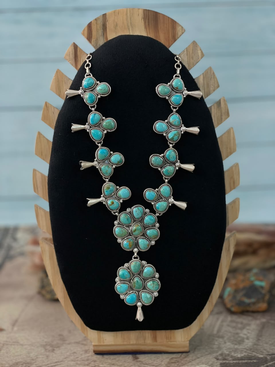 Handmade Sterling Silver Kingman Turquoise Squash Blossom Necklace Signed Nizhoni
