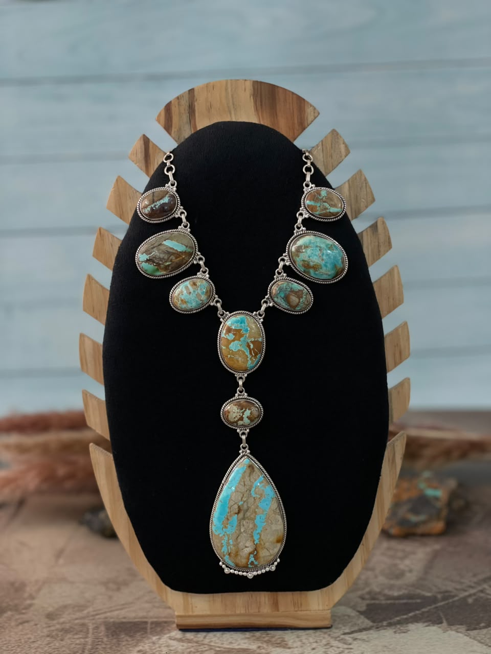 Handmade Sterling Silver Ribbon Royston Turquoise Drop Necklace Signed Nizhoni