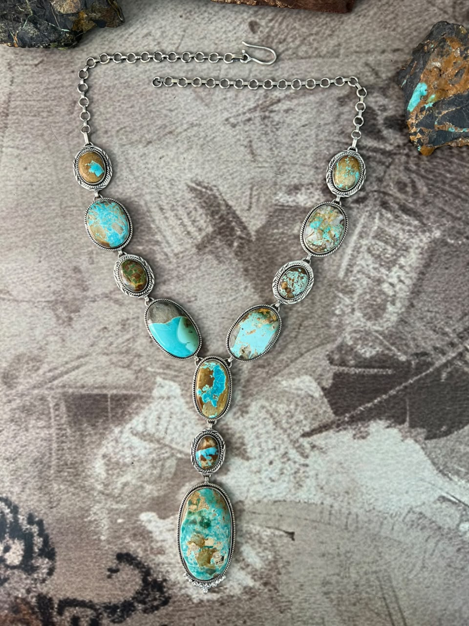 Handmade Sterling Silver Royston Turquoise Drop Necklace Signed Nizhoni