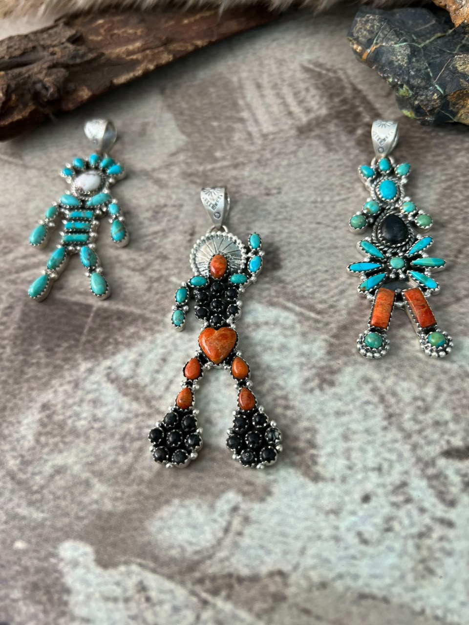 Handmade Sterling Silver Kingman Turquoise with Orange Mojave, White Buffalo and Wildhorse Magnesite Pendant Signed Nizhoni (9)