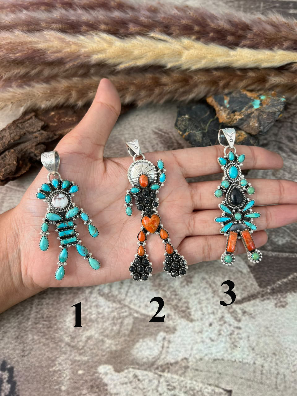 Handmade Sterling Silver Kingman Turquoise with Orange Mojave, White Buffalo and Wildhorse Magnesite Pendant Signed Nizhoni (9)