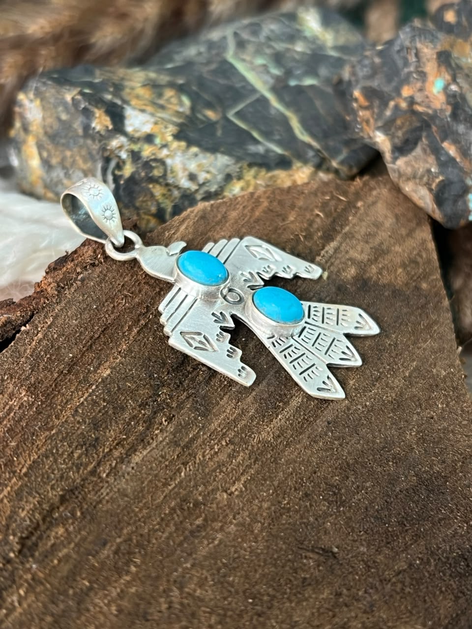Handmade Sterling Silver Kingman Turquoise Thunderbird Pendant Signed Nizhoni