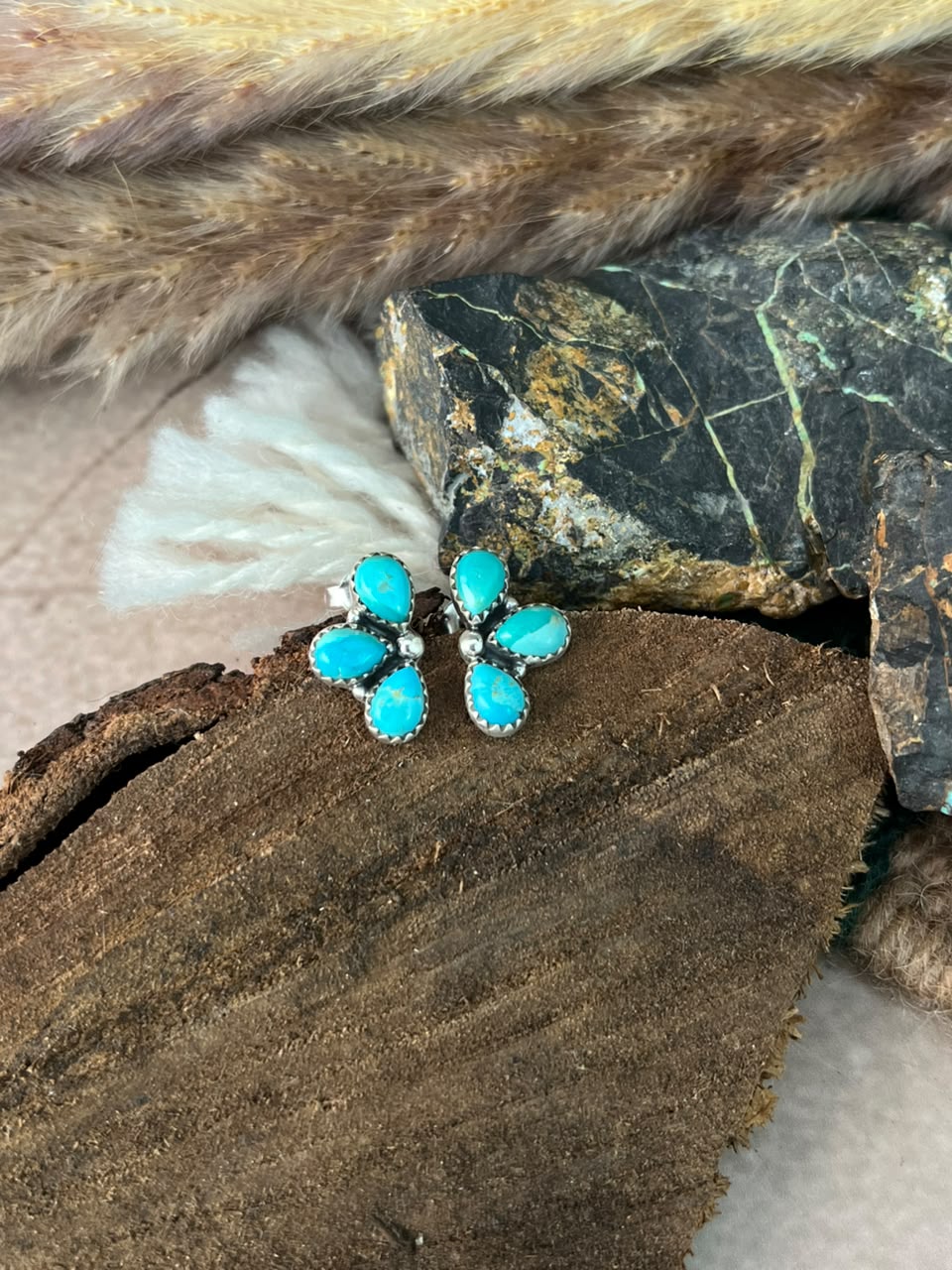 Handmade Sterling Silver Kingman Turquoise Post Studs Earrings Signed Nizhoni
