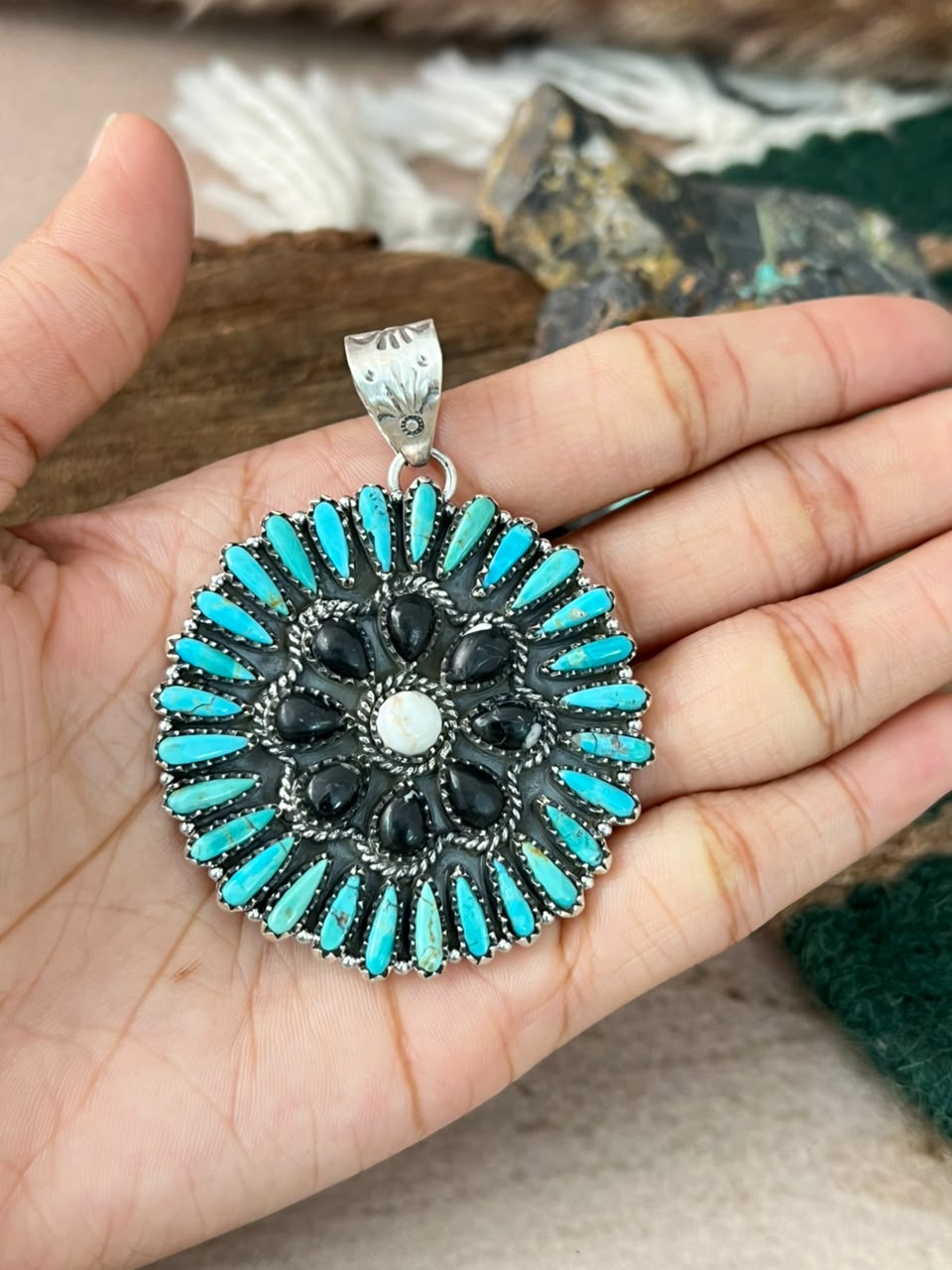 Handmade Sterling Silver Kingman Turquoise with White Buffalo Pendant Signed Nizhoni (4)