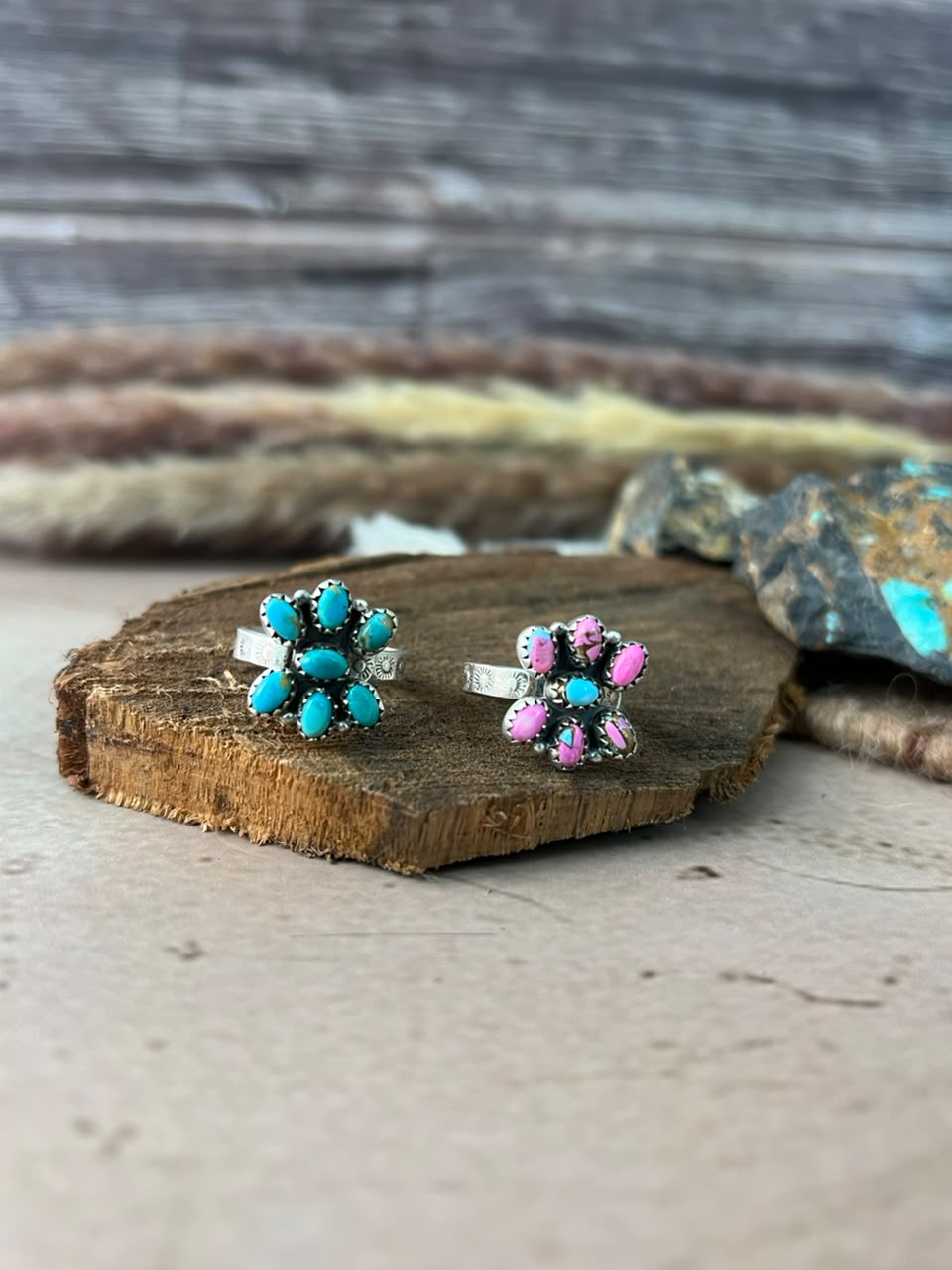 Handmade Sterling Silver Kingman Turquoise and Cotton Candy Adjustable Ring Signed Nizhoni