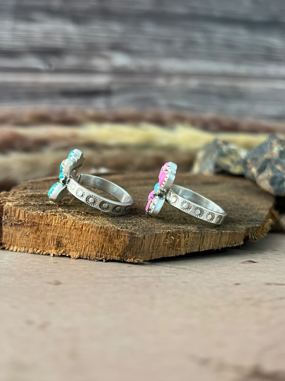 Handmade Sterling Silver Kingman Turquoise and Cotton Candy Adjustable Ring Signed Nizhoni