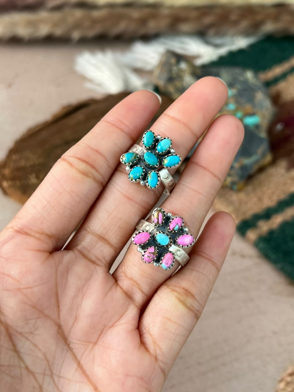 Handmade Sterling Silver Kingman Turquoise and Cotton Candy Adjustable Ring Signed Nizhoni