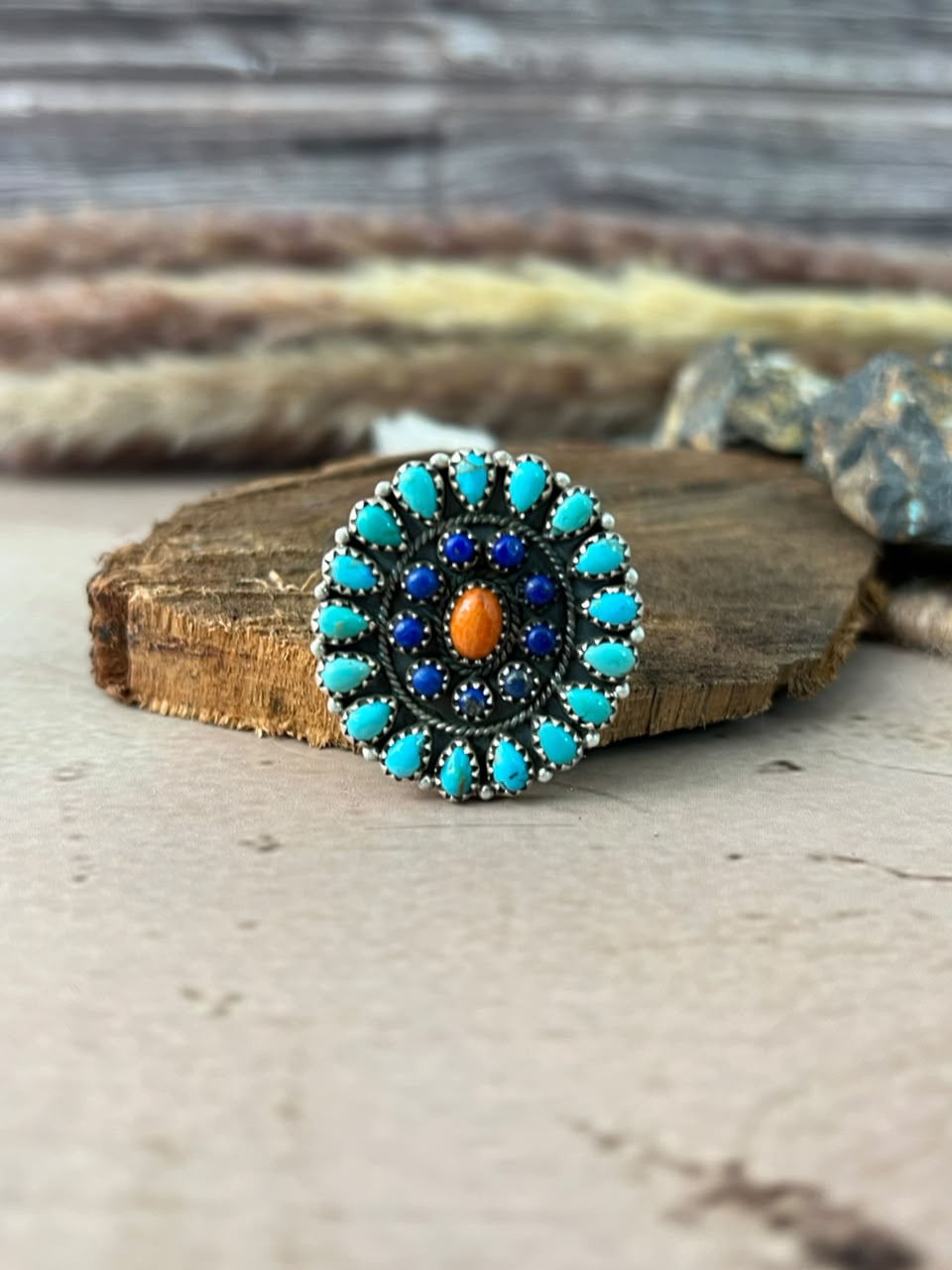 Handmade Sterling Silver Kingman Turquoise with Lapis and Orange Mojave Adjustable Ring Signed Nizhoni