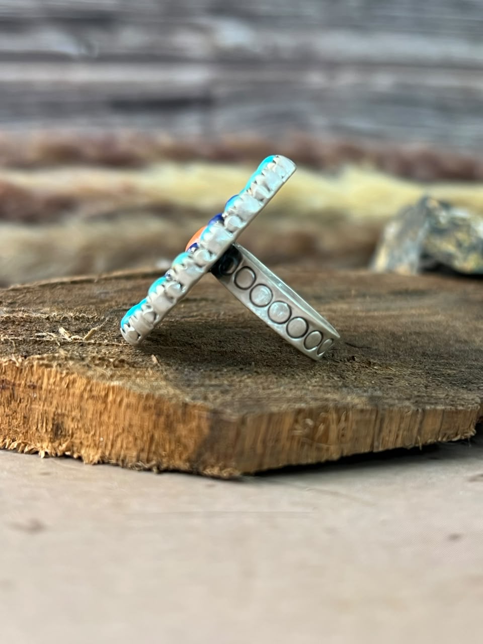 Handmade Sterling Silver Kingman Turquoise with Lapis and Orange Mojave Adjustable Ring Signed Nizhoni