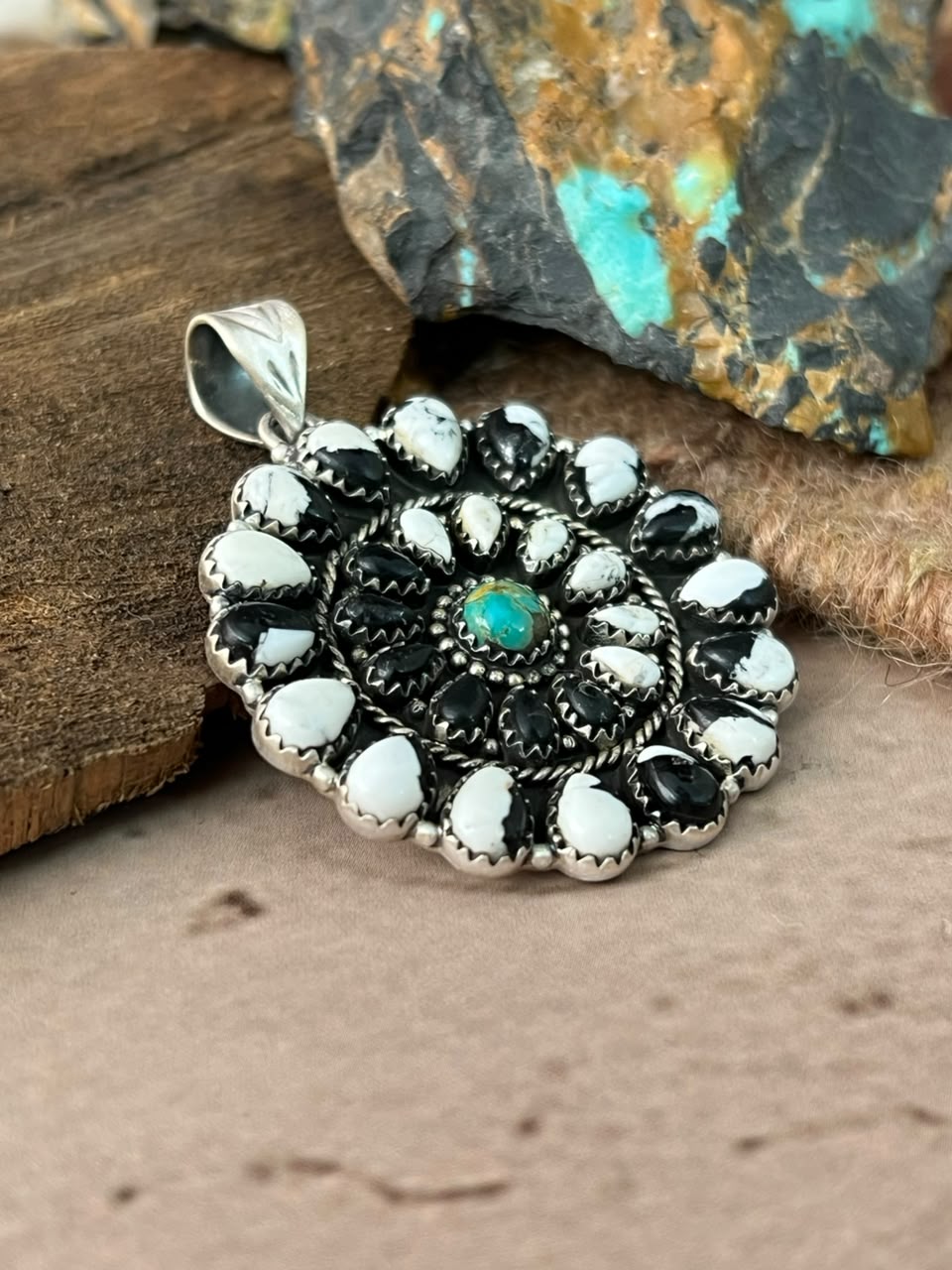 Handmade Sterling Silver Kingman Turquoise with White Buffalo Pendant Signed Nizhoni