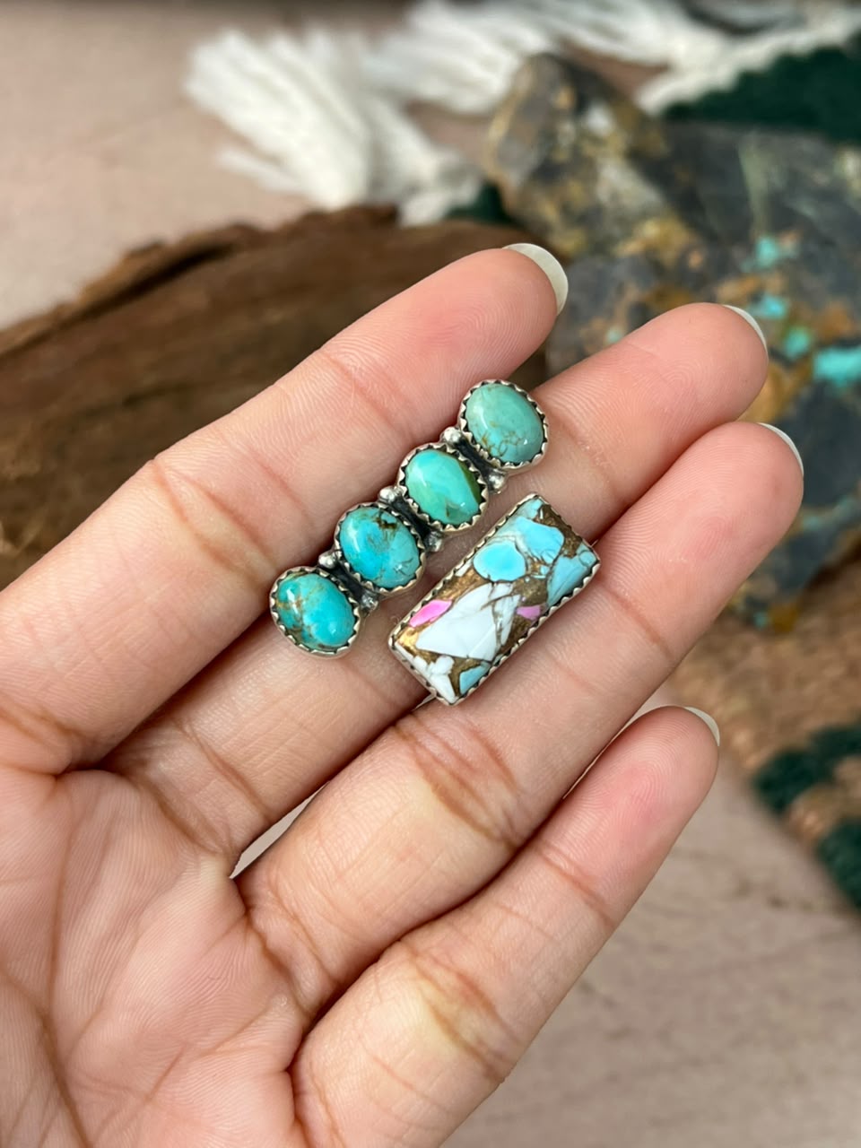 Handmade Sterling Silver Cotton Candy with Kingman Turquoise Adjustable Ring Signed Nizhoni