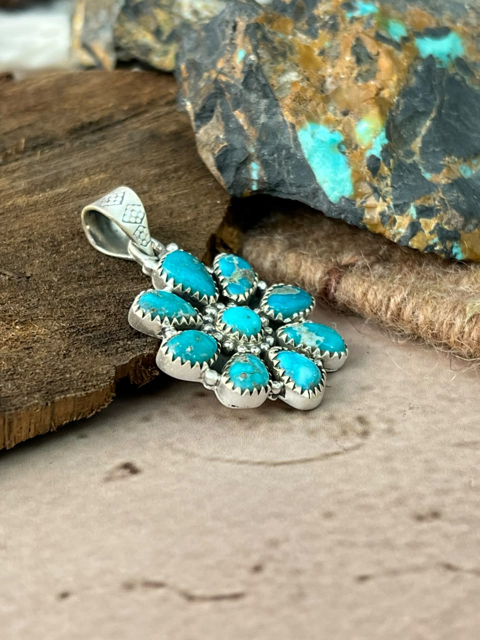 Handmade Sterling Silver White Water Turquoise Pendant Signed Nizhoni