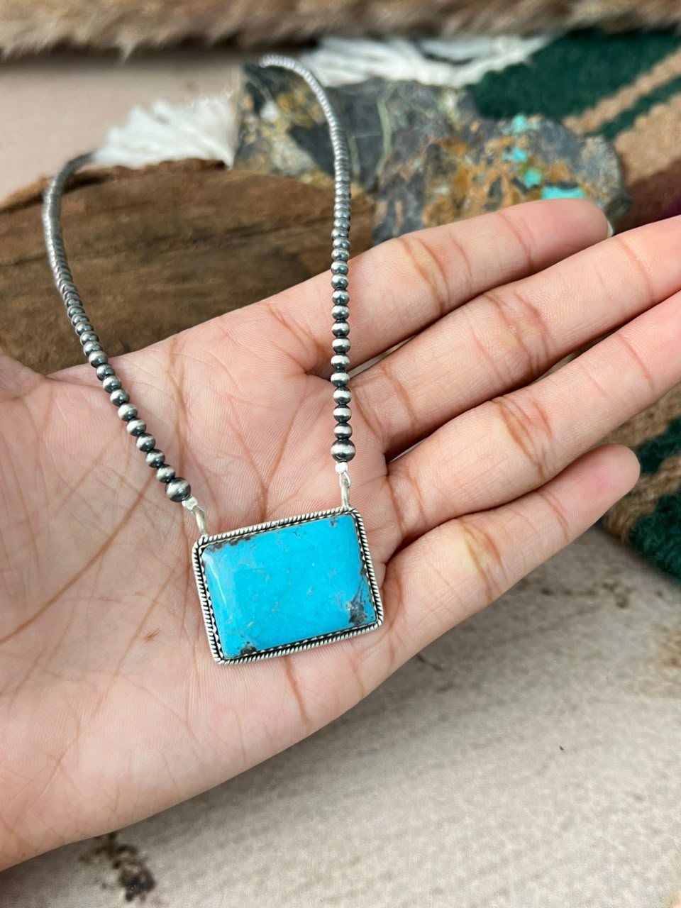 Handmade Sterling Silver Blue Kingman Turquoise Beaded Necklace Signed Nizhoni