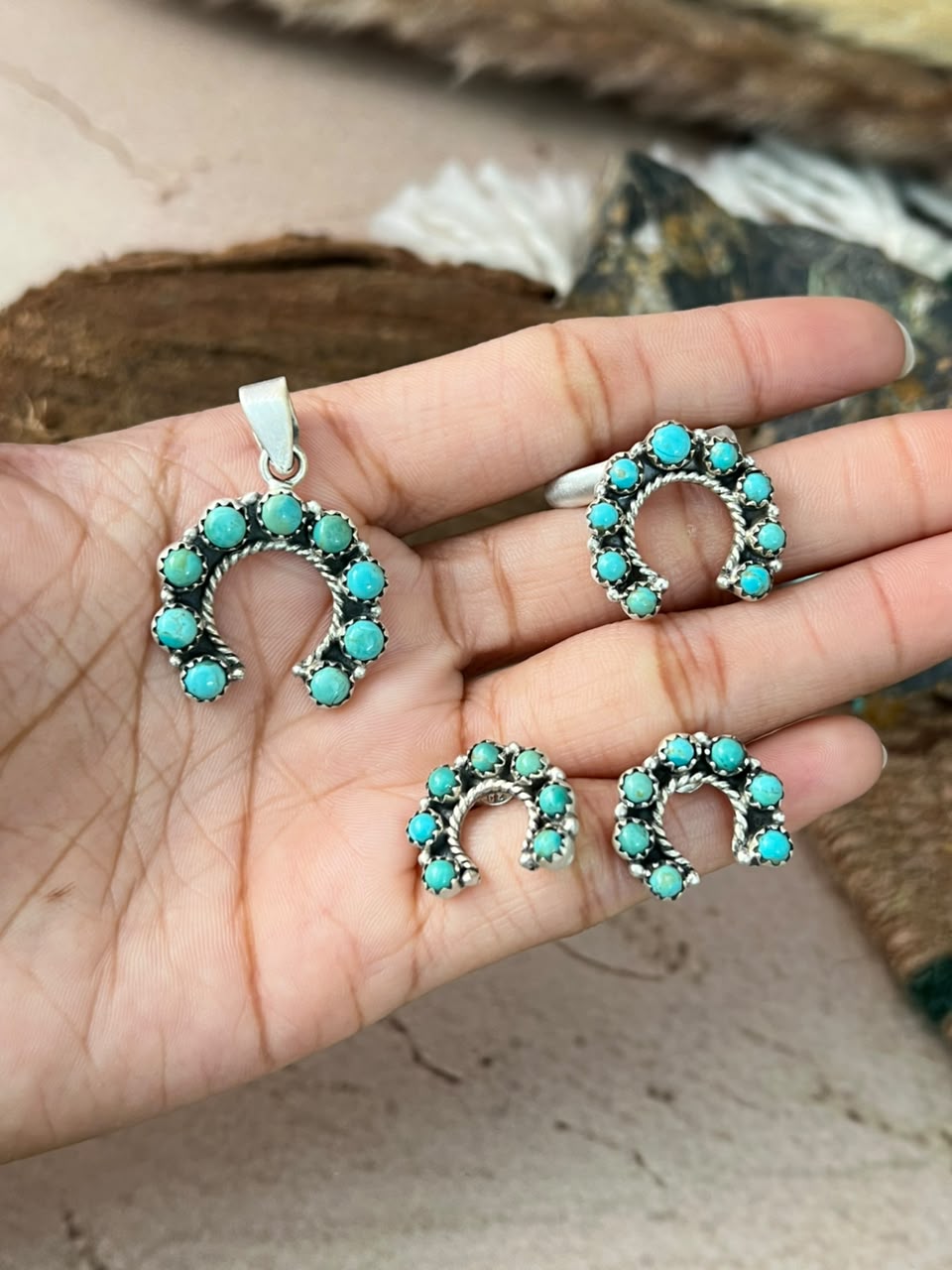 Handmade Sterling Silver Kingman Turquoise Naja Pendant Ring and Earrings Set Signed Nizhoni