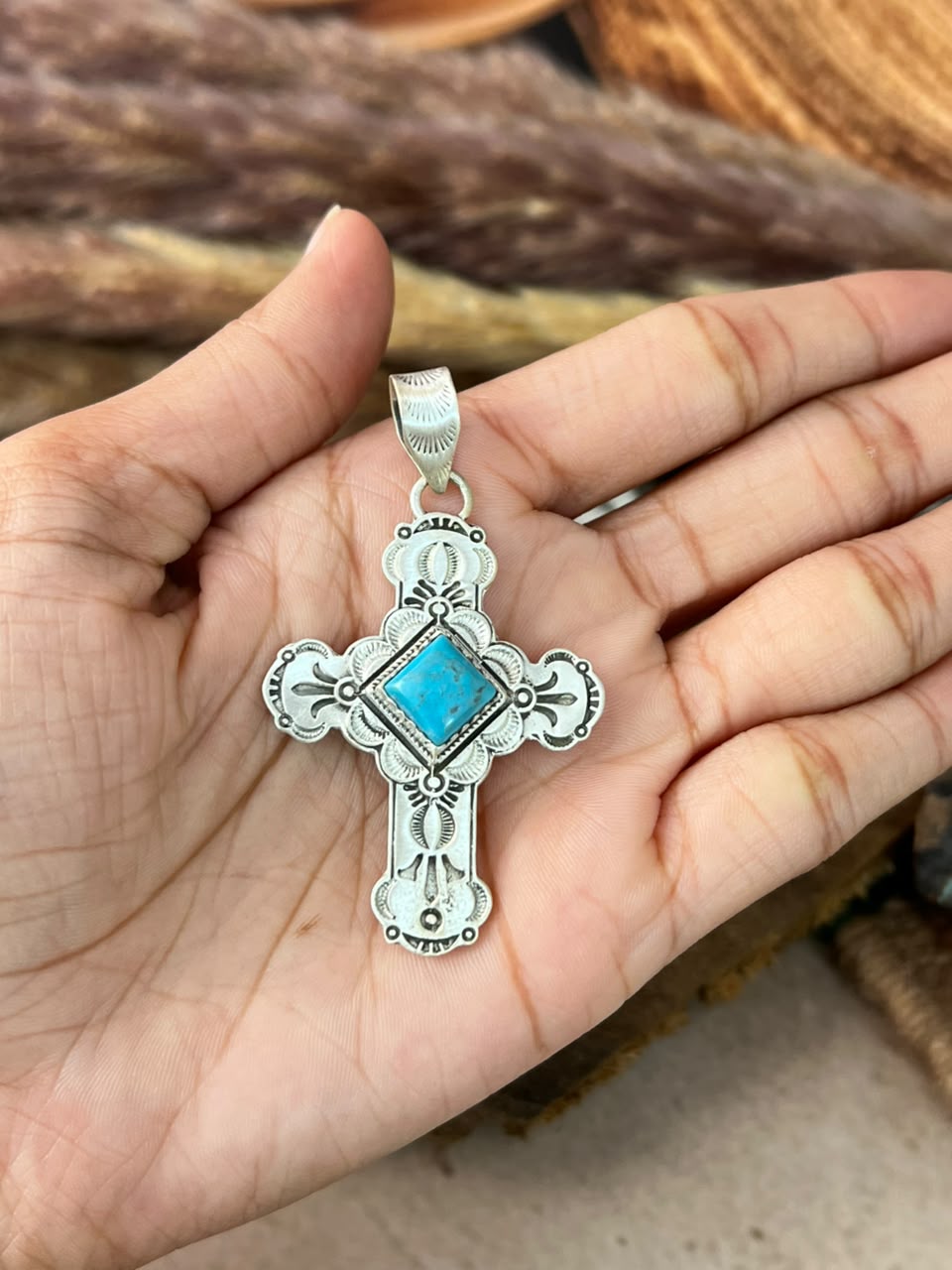 Handmade Sterling Silver Kingman Turquoise Cross Pendant Signed Nizhoni