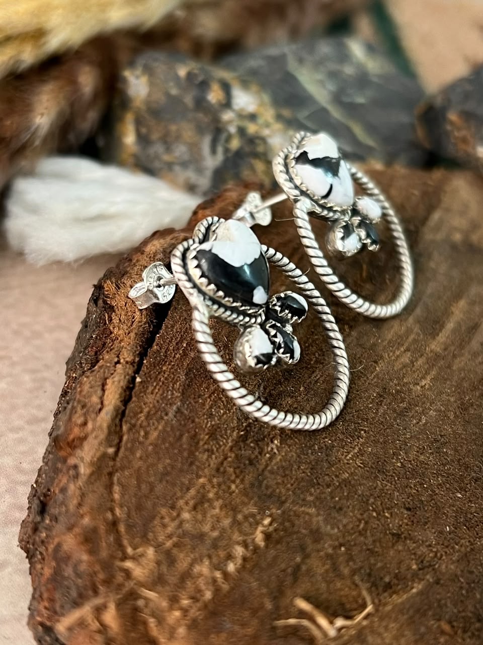 Handmade Sterling Silver White Buffalo Post Hoop Earrings Signed Nizhoni