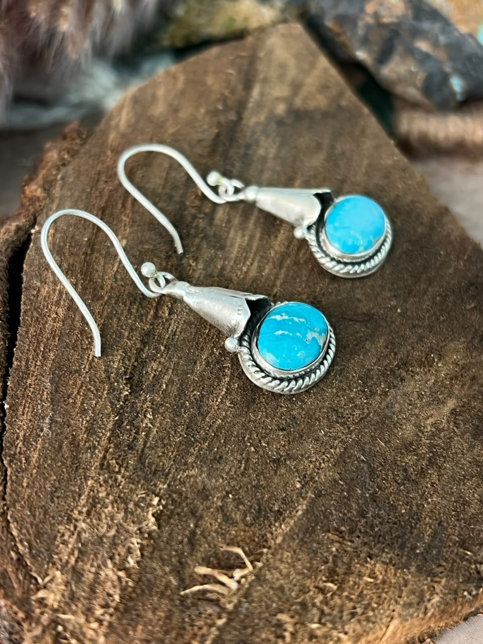 Handmade Sterling Silver White Water Turquoise Hook Dangle Earrings Signed Nizhoni