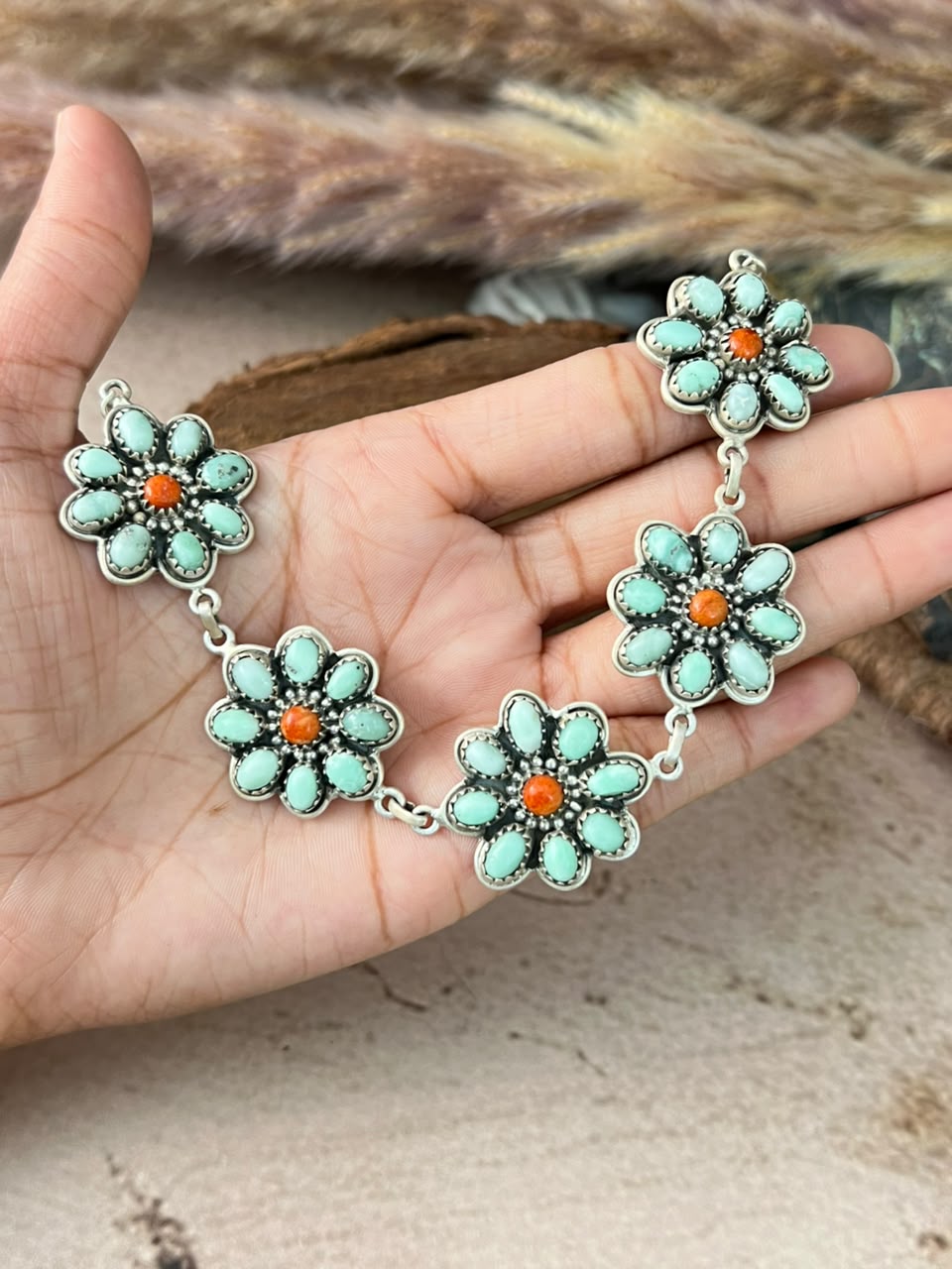 Handmade Sterling Silver Paloma Turquoise with Orange Mojave Choker Necklace Signed Nizhoni