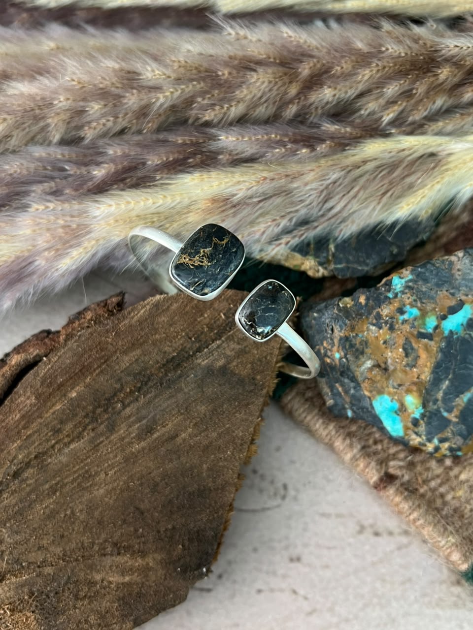 Handmade Sterling Silver Blackjack Turquoise Cuff Bracelet Signed Nizhoni