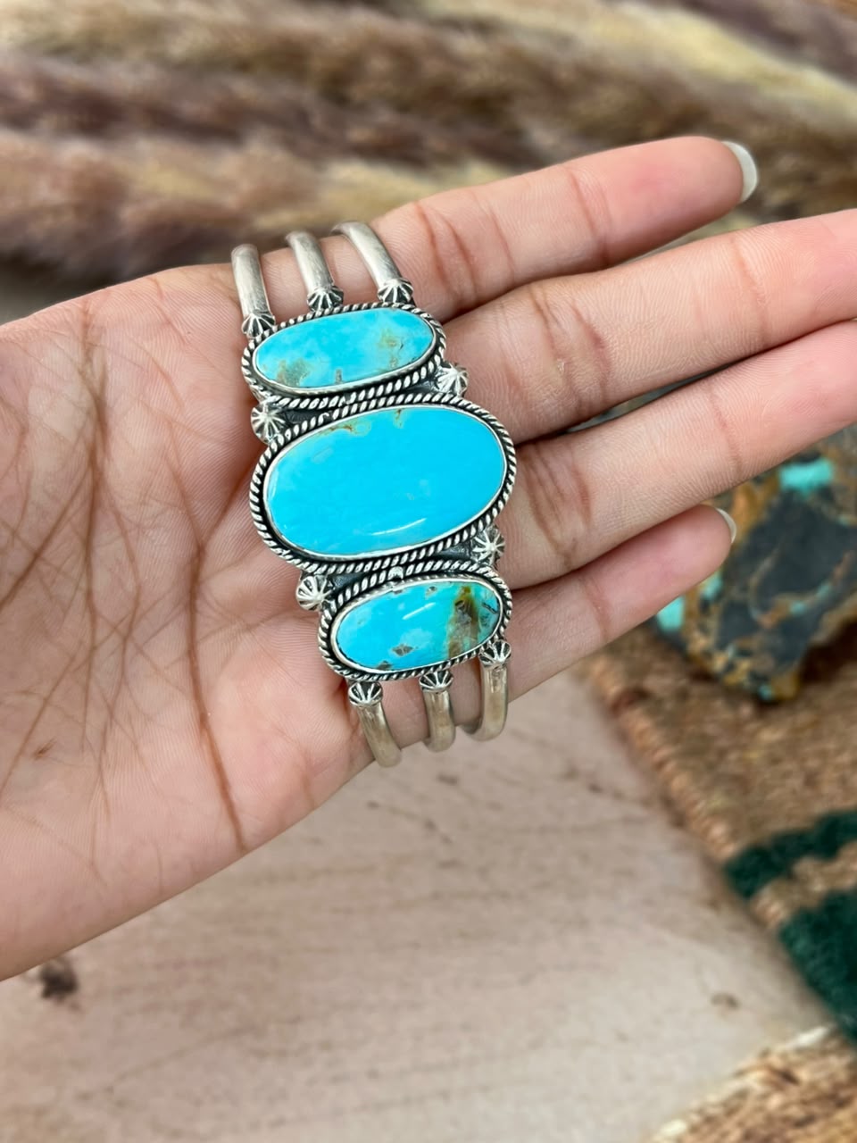 Handmade Sterling Silver Easter Blue Turquoise Cuff Bracelet Signed Nizhoni