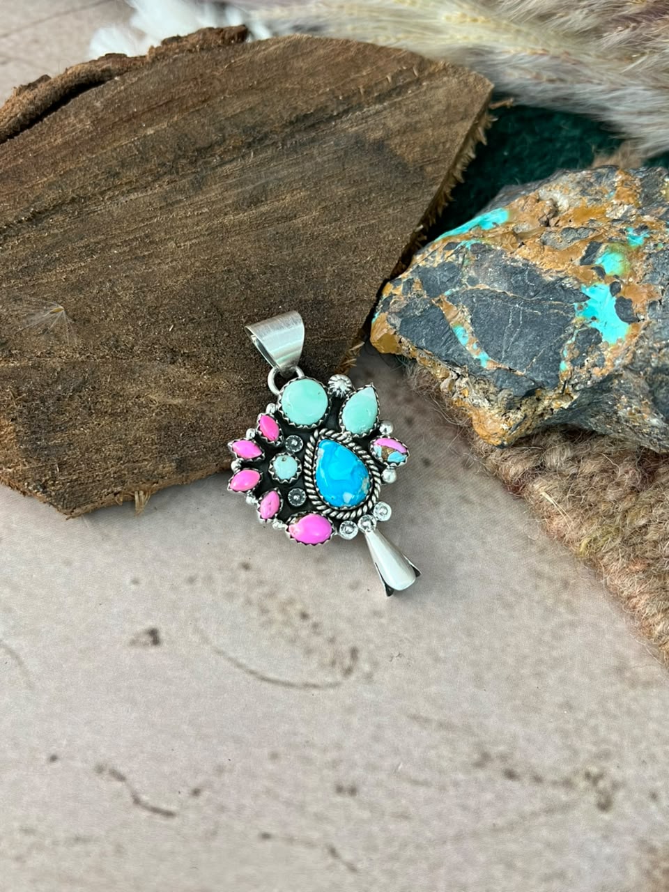 Handmade Sterling Silver Cotton Candy with White Water and Paloma Turquoise Squash Blossom Pendant Signed Nizhoni